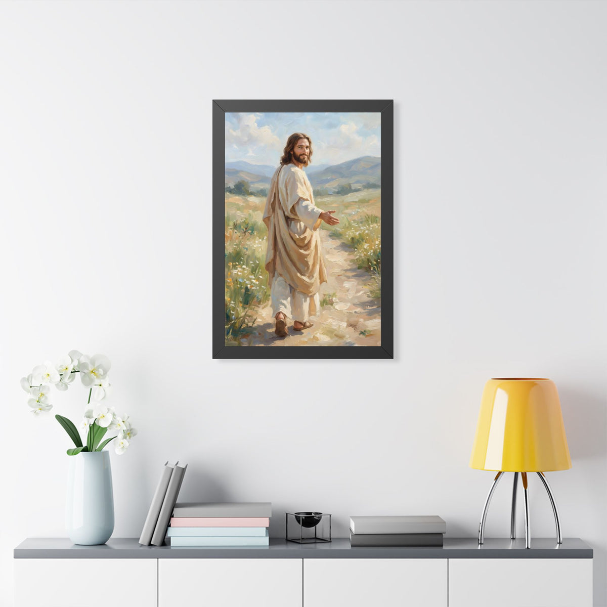 jesus wall art, framed jesus art, christian wall art, religious wall decor, jesus walking art, christian home decor, jesus print, faith wall art, christian gift, religious artwork, framed religious art, jesus meadow art
